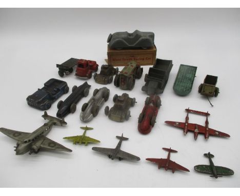 A collection of vintage playworn die-cast, metal, lead and tinplate vehicles included a boxed Silver Streak Racing Car, two D