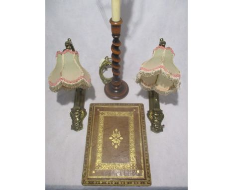 A pair of antique wall lights and a leather writing pad plus a lamp with barley twist support.
