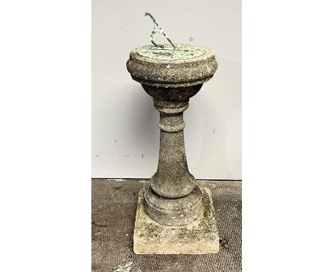 A weathered reconstituted stone garden sundial - Height 81cm 