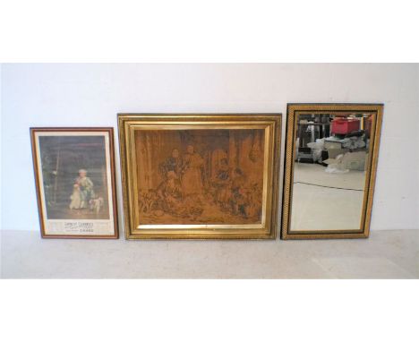 A large gilt framed tapestry, along with a framed shop advertisement and a gilt framed mirror.