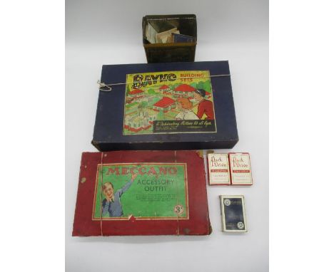 A boxed vintage Meccano Accessory Outfit set, along with a boxed Bayko Building Set, three packs of playing cards and a small