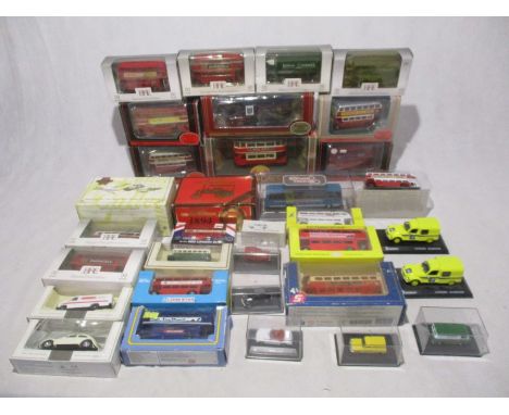 A collection of boxed die-cast vehicles including Gilbow Exclusive First Editions buses, Corgi Tramlines, Lledo, Matchbox Mod