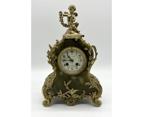 A French ormolu gilt and onyx clock with seated cherub finial - dial marked Vamut Foussat Jargeau, movement marked WF