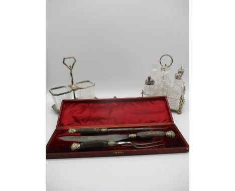 A Doidge, Blackpool carving set in case along with a silver plated condiment set (engraved Thorley's Special Prize) and a Wal