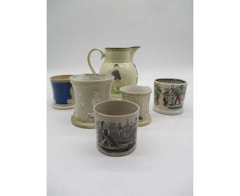 A collection of ceramic cricket memorabilia including a nineteenth century Prattware jug, and a nineteenth century Staffordsh