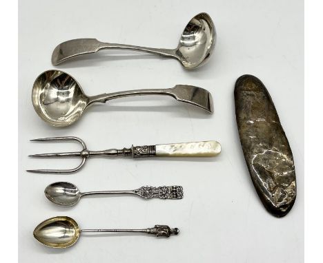 A silver plated muffin fork with mother of pearl handle, 2 silver spoons and two ladles etc.