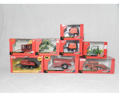 Eight Britains boxed farm machinery models, comprising of Case IH LBX 432 Big Square Baler (40850), NC Slurry Ferry Tanker (4