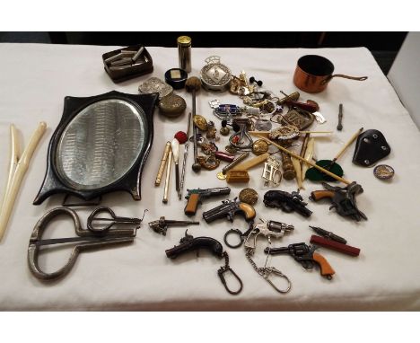 A mixed selection of include Jews Harps, patch box, brass, clover seal, pan pipes, coin holders etc