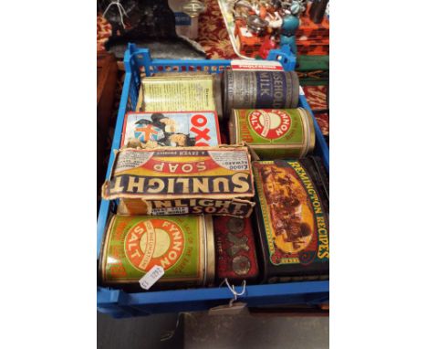 A selection of vintage advertising tins to include Oxo, Fynnon Sale, Household Milk etc
