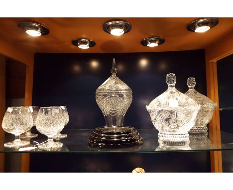 A pair of pressed glass lidded bowls, a vintage pressed glass lidded table centrepiece and a set of four Thomas Webb crystal 