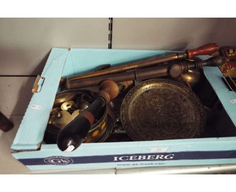 Two vintage real ale pump and taps and a selection of brass weights