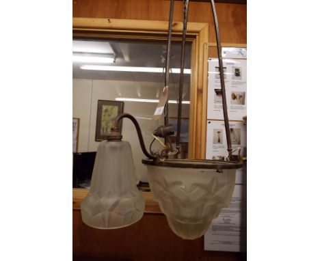 A French Art Deco three branch hanging ceiling lamp with large central geometric glass shade and three similar shades to the 