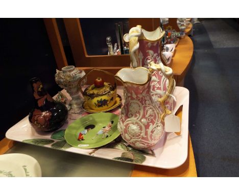 Two Victorian water jugs, a Noritake preserve pot, continental pot pourri, lidded pot, vase and a vintage tea plate