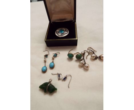 A Charles Horner silver and enamel hat-pin together with a selection of earrings