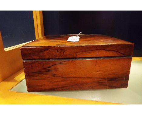 A rosewood needlework box having inner tray, top and pin cushion