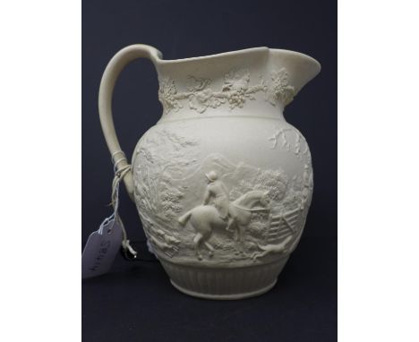 A Victorian Turner stoneware jug, decorated with hunting scenes to body and grape vines to neck, incised maker's mark to base