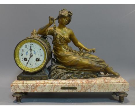 A late 19th century french mantel clock on marble base with spelter classical figure surmount. H.30 W.37cm 