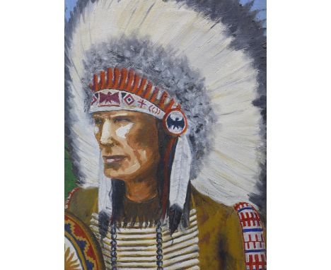 An oil on board of a Native American Chief, signed M. Ward to lower right, in distressed painted frame, 53 x 45cm 