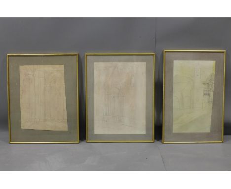 After Ben Nicholson, three prints of church architectural studies, framed and glazed, 47 x 31cm 