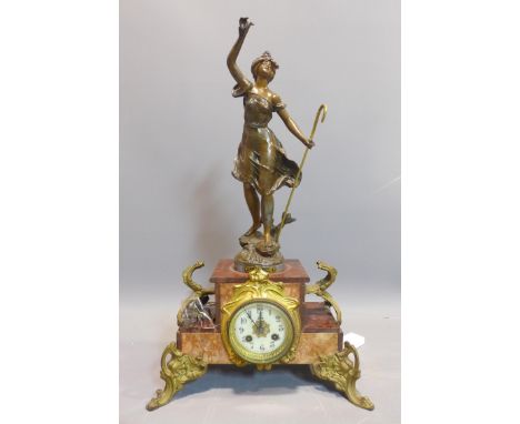 A 19th century Art Nouveau style mantle clock with spelter figural surmount. (damage to foot) H.56 W.32cm 