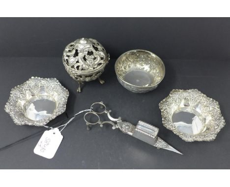 A collection of silver and white metal, to include two silver dishes with floral repoussé embossed decoration, hallmarked She