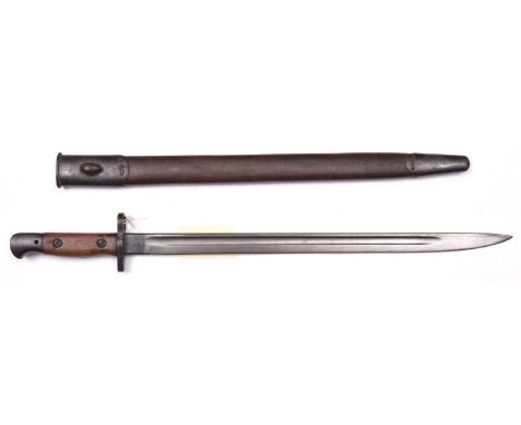 A 1907 pattern SMLE bayonet, by Wilkinson, in its scabbard. GC (dark patina to metalwork with some light pitting)            