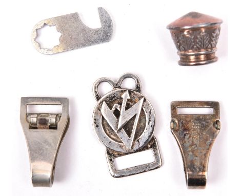 Two plated belt clips for SA dagger hangers; a silver plated belt hanger for SA high leader’s hanging chains, with Assmann ma