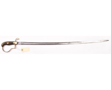 An Imperial German Army Officer’s sword, blade 31½” with very faint traces of etching, plain brass stirrup hilt with wire bou