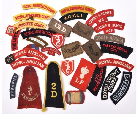  A WWII arm patch of the 2nd Polish Corps. 5 WWI shoulder slip-ons: Hampshire, Lincoln, Queens, Cameronians, IRD; Control Com
