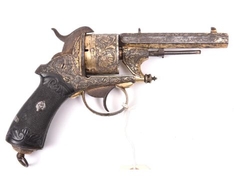  A Belgian 6 shot 12mm Chamelot &amp; Delvigne double action pinfire revolver, c 1865, lightly gold plated overall, sighted o