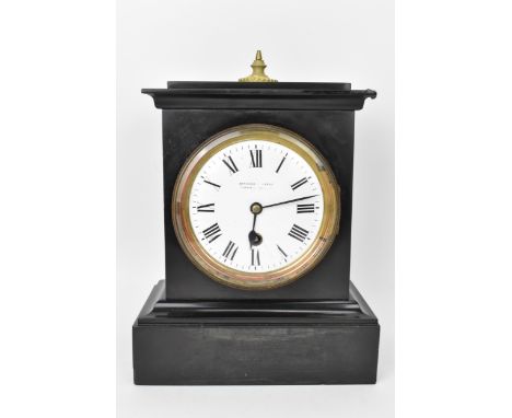 A Barraud &amp; Lunds late Victorian 8 day black marble mantle clock, the case having a gilt metal finial, stepped cornice, s