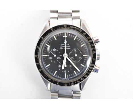 An Omega Speedmaster, chronograph, gents, stainless steel wristwatch, circa 1975, having a black dial, luminous markers, thre