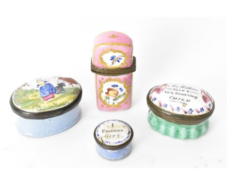 Three 18th/19th century enamel patch boxes to include one with the motto 'A Mother's gift to a deserving child', on a pink bo