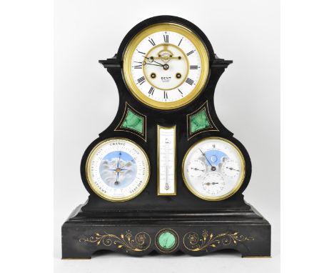 A Victorian black slate perpetual calendar clock, the circular enamel Roman dial having a visible Brocot Escapement and signe