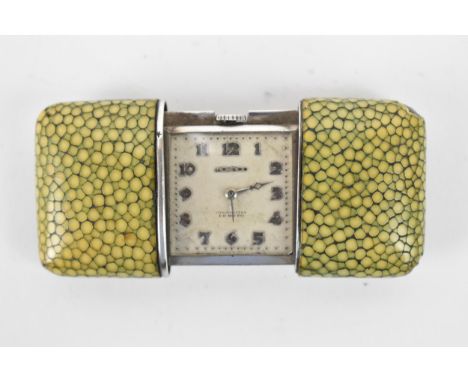 A Movado Chronometre Ermeto Art Deco silver and shagreen travelling purse watch, having a square silvered dial with Arabic nu