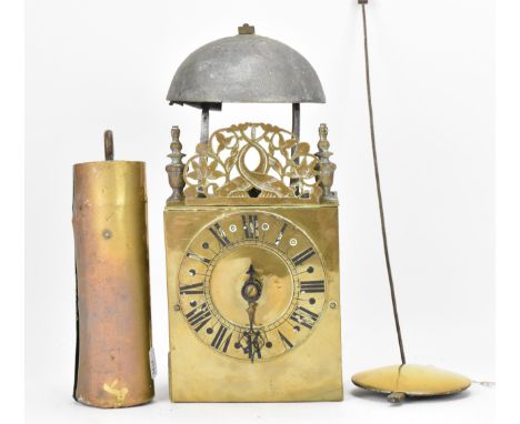 A circa 1700 and later brass lantern clock, having a 4.5" dial with single hand, pierced fret, steel bell, the movement with 