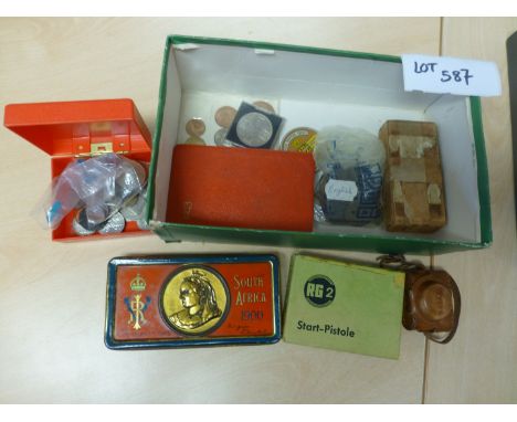 Various Boer War Queen Victoria 1900 South Africa tin, various coins, RG2 start pistol, Myco camera etc.