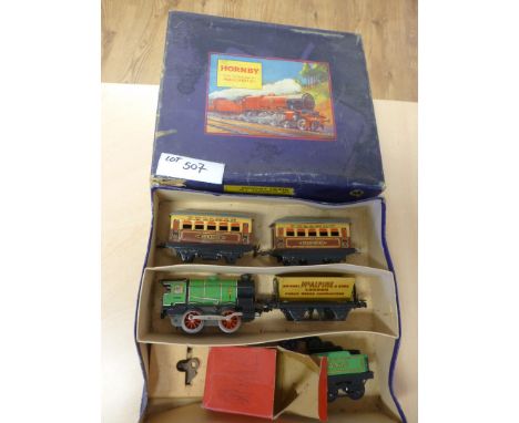 Hornby ‘O’ gauge boxed set MI passenger set – box poor condition but Engine etc seem all vgc.
