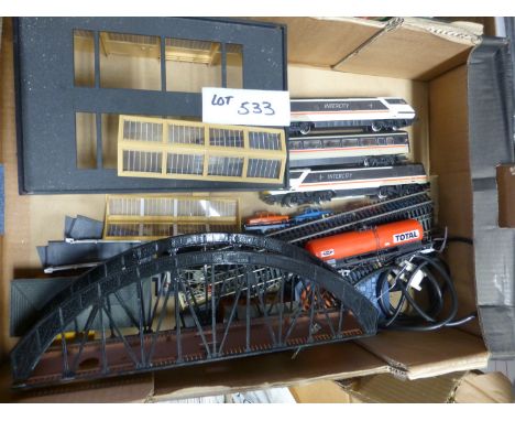 Diesel depot model, wagons, coaches, engine power car – Intercity – track, controller, bridge all in box, good cond.