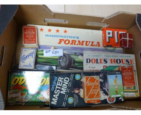 Boxed games incl Waddingtons Formula 1 racing game, books plus few playing card games incl Speed.