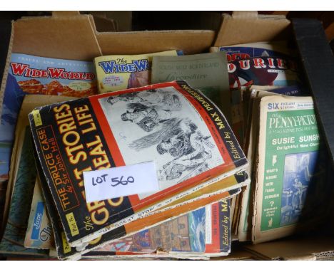 Large lot of vintage ephemera in banana box, includes 1910 onwards Penny Pictorial, Courier, Great Stories of Real Life, Tran