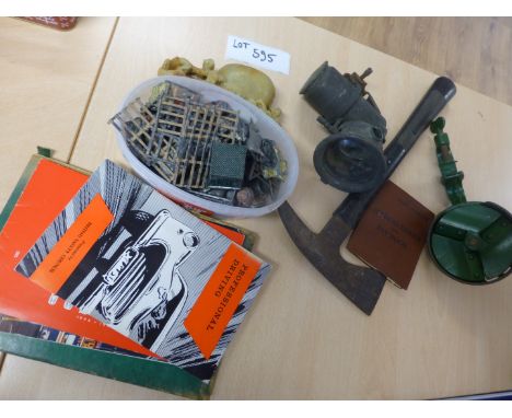 Various items incl cycle light – Lucas 1930, Onyx, WWII Firemans/ARP wardens axe, Soldiers pay book, Britains lead animals, f