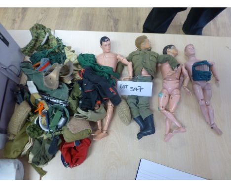 Action Man – 4 models and a box full of clothing and accessories – playworn.