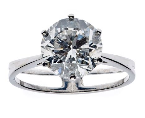 Brillant-Solitär-Ring.18 kt WG, besetzt m. 1 Brillant v. 3,94 ct (Farbe E/ Reinheit si2). Schmale polierte u. teils 2-strängi