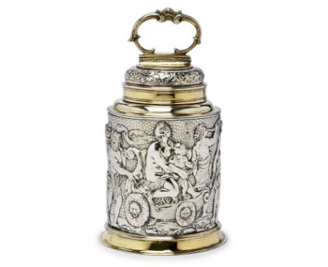 Gr. Schraubflasche, Barock,Augsburg 2. Hälfte 17. Jh. Silber, vergoldet. Beschau Augsburg, Meister- marke f. Abraham I. Drent