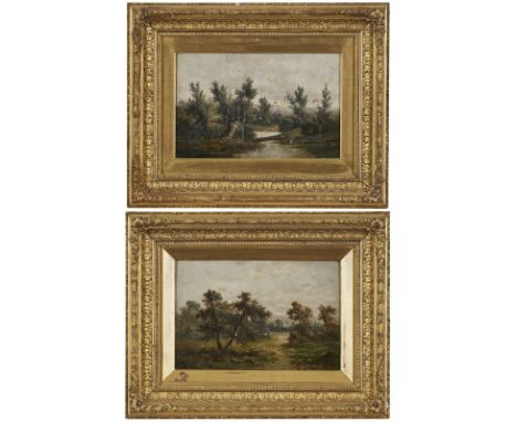 Paar Gemälde Landschaftsmaler 19.Jh"Weiden am Wasser u. Baumbestandene Landschaft" je m. Restsignatur Öl/Lwd., 20,5 x 31 cm R