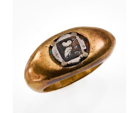 Antiker Goldring m. Obol.21 kt GG, besetzt m. 1 kl. antiken Silbermünze, sog. Obol m. Eule, verso Kopf d. Athena, dat. wohl 5