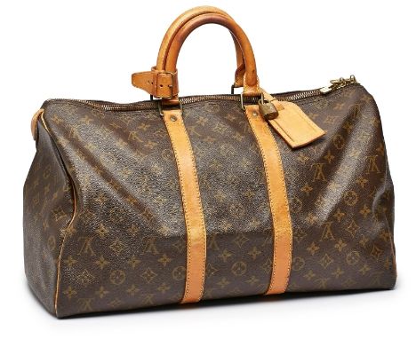 Weekender "Keepall",Louis Vuitton Ende 20. Jh. Monogram Canvas, braunes Leder, goldfarbene Metall-Elemente. Oberseite m. lang
