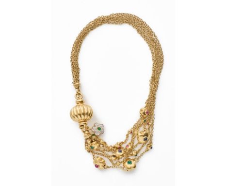 6-reihiges Gold-Collier m. Edelsteinen, Juw.Pasquale Bruni, Valenza, Italien nach 1976. 18 kt GG/WG, m. zahlr. kl. Brillanten