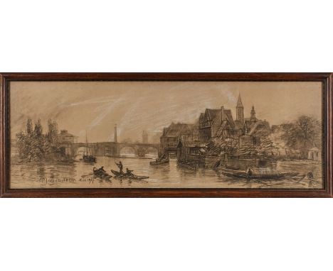Kohlezeichnung, weiß gehöhtFriedrich Ernst Morgenstern 1853 Frankfurt - 1919 Frankfurt "Blick auf die alte Brücke" 1917 u. li